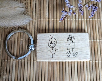 Porte-clé dessin de votre enfant personnalisé en bois (fête des mères et père, cadeau anniversaire, tonton, nounou, atsem mamie, papy, tata)