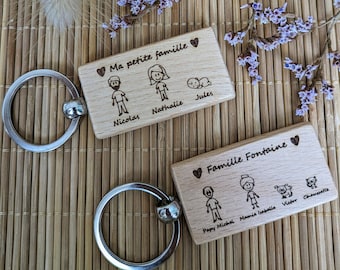 Porte-clé famille personnalisé en bois (fête des mères et père, future maman et papa, cadeau anniversaire, naissance, mamie, papy, soeur...)