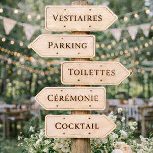 Pancarte direction mariage bois personnalisé – signalétique réception événement parking cérémonie cocktail toilettes baptême anniversaire