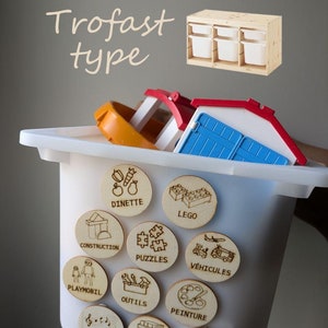Etiketten für Mülleimer vom Typ Trofast/Montessori, graviert und mit Klett-/Kratzverschluss (lustige und praktische Organisation von Kinderspielzeug)