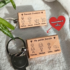 Porte-clé en bois personnalisé prénoms et personnages – Cadeau fête des pères et mères, naissance, famille, accessoire et souvenir unique.