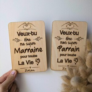 Carte de demande PARRAIN et MARRAINE personnalisable en bois (option magnet/aimant, baptême, annonce, parrainage, bébé)