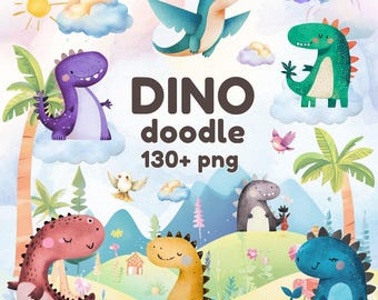 Cute Dinosaur PNG Bundle - Dino Clipart Set - Watercolor Dino Doodle - Kids Nursery Wall Art - Scrapbooking - Baby Shower Decor PNG