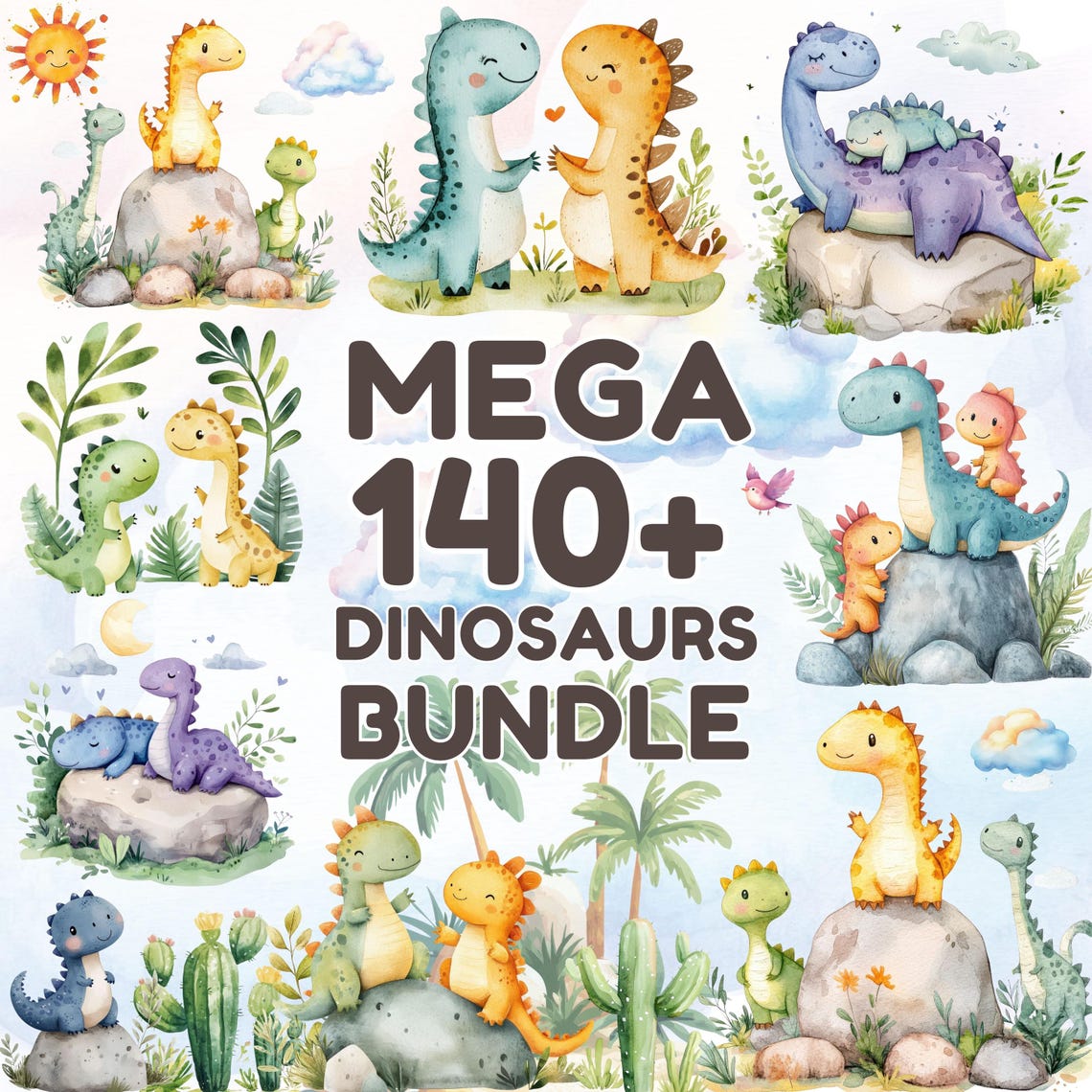 Mega 140+ Cute Dinosaur PNG Bundle - Baby Dino Clipart - Watercolor ...