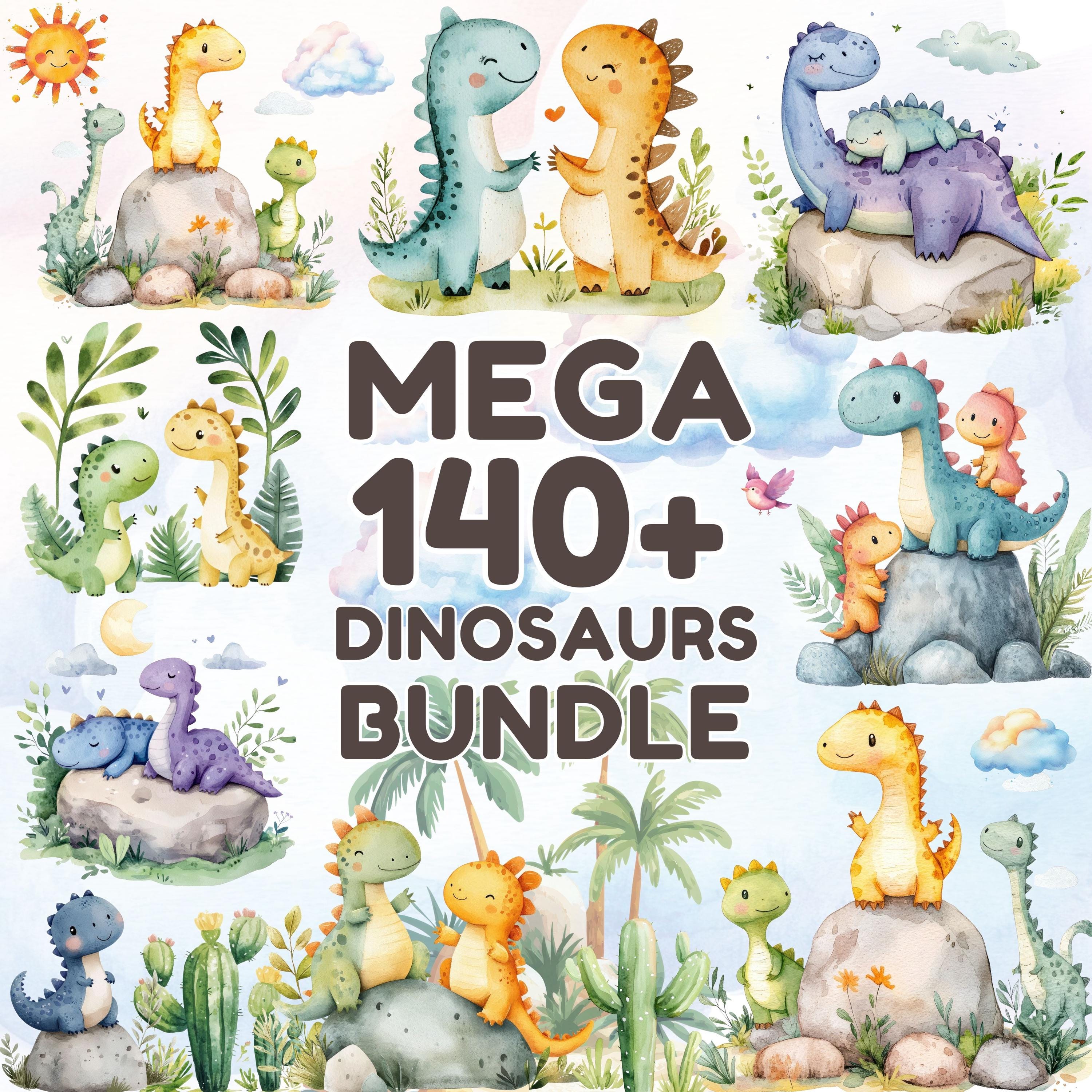 Mega 140+ Cute Dinosaur PNG Bundle - Baby Dino Clipart - Watercolor Dinosaurs - Kids Nursery Art - Sublimation & Sticker Designs