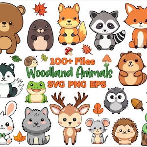 May include: A set of 100+ woodland animal illustrations in SVG, PNG, and EPS formats. The illustrations feature cute cartoon animals such as a bear, fox, raccoon, deer, owl, squirrel, frog, rabbit, wolf, mouse, hedgehog, and snake. The animals are all in bright colours and have friendly expressions.