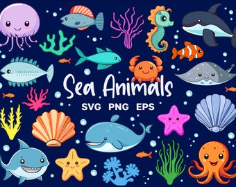 May include: A colorful illustration of various sea animals, including a jellyfish, fish, seahorse, crab, stingray, starfish, seashells, and an octopus. The illustration is set against a dark blue background with white bubbles. The text "Sea Animals SVG PNG EPS" is written in white at the bottom of the image.