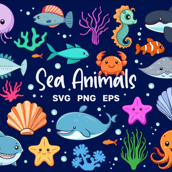 Sea Animals SVG Clipart - Cute Sea Life Bundle - Ocean Underwater SVG Clip Art - Cricut Cutting Files - Commercial Use - Instant Download