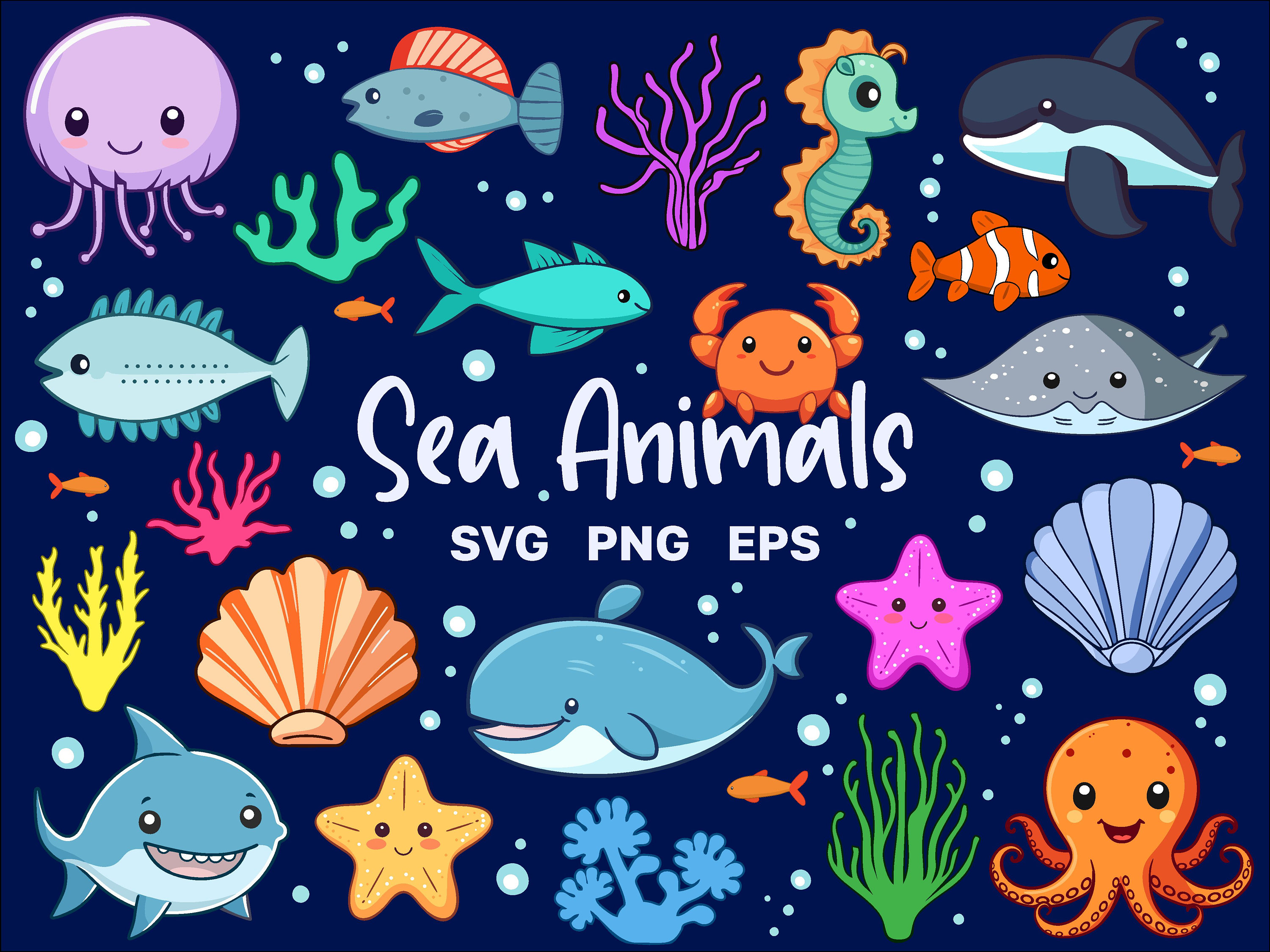 海の動物の SVG クリップアート - かわいい海の生き物のバンドル - 海