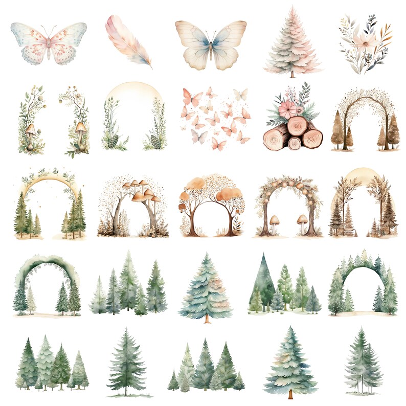 May include: A set of watercolour illustrations featuring woodland elements, including butterflies, trees, mushrooms, and arches. The illustrations are in shades of green, brown, and pink, and are perfect for adding a touch of nature to your designs.