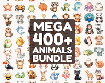 400種類のかわいい動物PNGバンドル - 赤ちゃん動物のクリップアート - 水彩画の森と海 - ステッカー昇華セット - 商用利用可 - すぐにダウンロード