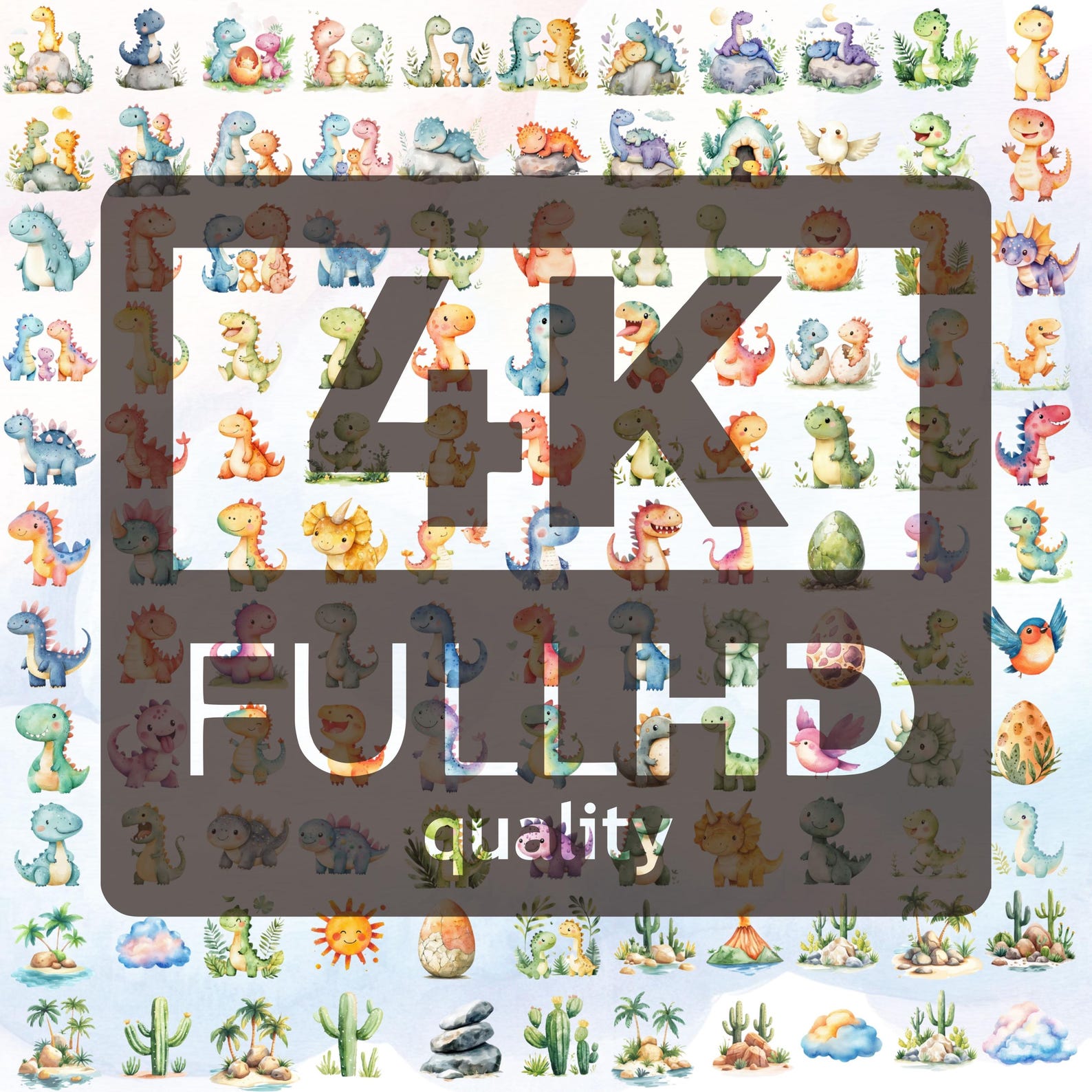Mega 140+ Cute Dinosaur PNG Bundle - Baby Dino Clipart - Watercolor ...