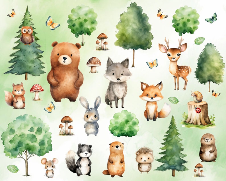 May include: Watercolor illustration of a woodland scene with various animals, including a bear, wolf, deer, fox, rabbit, squirrel, mouse, hedgehog, and a badger. The animals are surrounded by trees, mushrooms, butterflies, and other woodland elements.