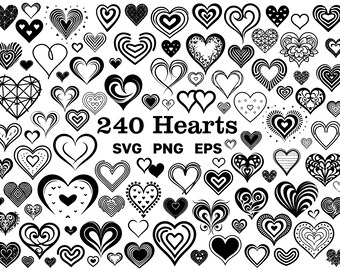 240 Hearts SVG Clipart - Drawn Hearts Silhouette PNG Bundle - Valentine Days Decor Vector Files - Cricut - Commercial Use - Instant Download