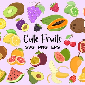 Fruits SVG Clipart - Cute Fruits PNG Bundle - Decor Elements - Cricut Cut files - Commercial Use - Instant Download