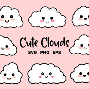 Cute Clouds SVG Clipart - Kawaii Clouds - Vector Clouds Bundle - Cricut Cutting Files - Commercial Use - Instant Download