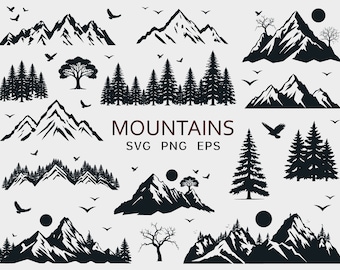 Mountain SVG Clipart - Mountains Silhouette PNG Bundle - Forest Trees Landscape Files - Cricut Cut files - Commercial Use - Instant Download