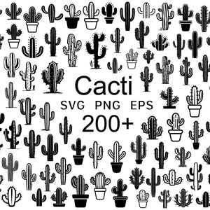 May include: A black and white graphic design featuring over 200 different cactus illustrations. The text "Cacti SVG PNG EPS 200+ " is included in the design.