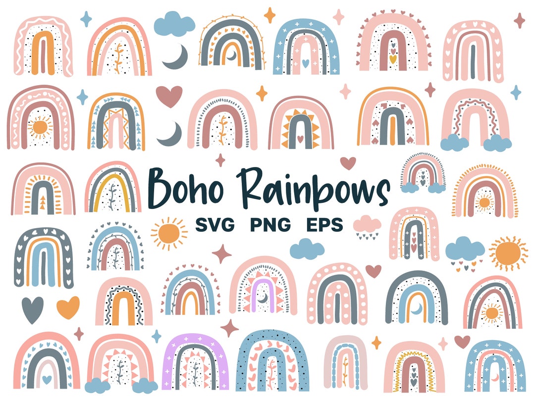 Boho Rainbow SVG PNG Clipart - Cute Rainbows With Hearts Bundle ...