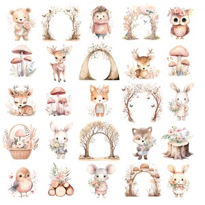 May include: A set of 25 watercolour illustrations featuring woodland creatures, including a bear, hedgehog, owl, deer, fox, rabbit, mouse, and a bird. The illustrations are in a whimsical style and feature pastel colours. The illustrations are perfect for use in scrapbooking, card making, and other craft projects.