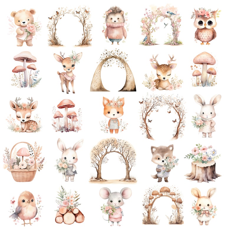 May include: A set of 25 watercolour illustrations featuring woodland creatures, including a bear, hedgehog, owl, deer, fox, rabbit, mouse, and a bird. The illustrations are in a whimsical style and feature pastel colours. The illustrations are perfect for use in scrapbooking, card making, and other craft projects.