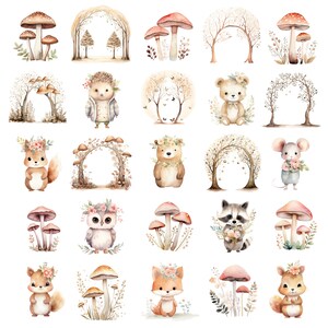 May include: A set of 25 watercolour illustrations featuring woodland creatures, mushrooms, and trees. The illustrations are in a whimsical style and feature a variety of colours, including brown, green, red, and pink.