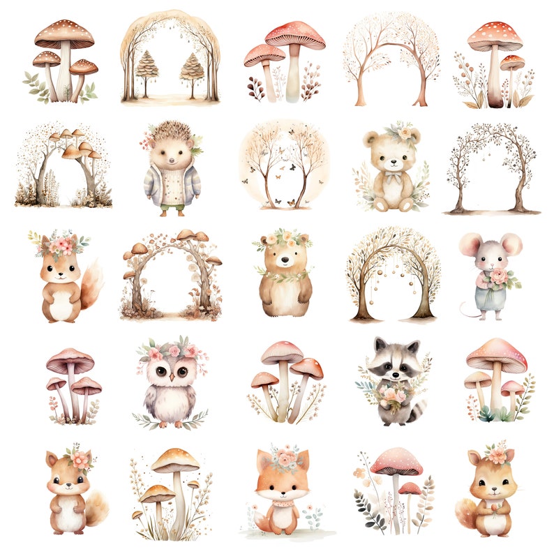 May include: A set of 25 watercolour illustrations featuring woodland creatures, mushrooms, and trees. The illustrations are in a whimsical style and feature a variety of colours, including brown, green, red, and pink.