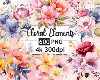 600 Floral Clipart - Transparent Flowers Huge PNG Bundle - Wedding Clipart - Watercolor Flower Design - High Quality PNGs - Commercial Use