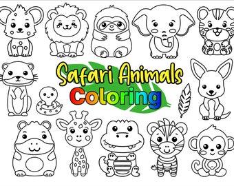 13 Safari Tiere Malvorlagen für Kinder - Kinder Party Spiele - Safari Tiere - Affe - Löwe - Elefant - Kommerzielle Nutzung - Instant Download