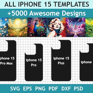 Könnte beinhalten: Vier schwarze iPhone 15 Handyhüllen-Vorlagen mit verschiedenen Modellnamen: Pro Max, Pro, Plus und iPhone 15. Die Vorlagen befinden sich auf einem weißen Gitterhintergrund. Der Text "ALL IPHONE 15 TEMPLATES +5000 Awesome Designs" befindet sich oben im Bild. Der Text "SVG EPS PNG PDF DXF PSD" befindet sich unten im Bild.