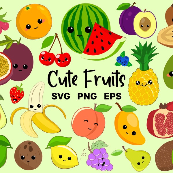 Cute Fruits SVG Clipart - Kawaii Fruits PNG Bundle - Vector Files - Decor Elements - Cricut Cut files - Commercial Use - Instant Download