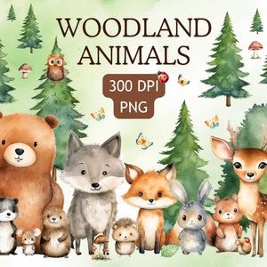 May include: Watercolor illustration of woodland animals, including a bear, wolf, fox, deer, rabbit, squirrel, hedgehog, and mouse. The animals are surrounded by trees and mushrooms. The text "Woodland Animals 300 DPI PNG" is at the top of the image.