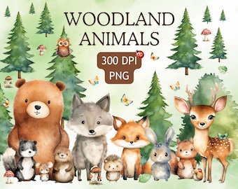 Watercolor Woodland PNG Clipart - Transparent Woodland Animals PNG Bundle - Cute Woodland Clipart - High Quality PNGs - Commercial Use