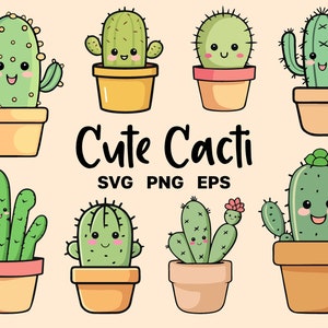 Cute Cactus SVG Clipart - Cacti PNG Bundle - Kawaii Cactus - Cricut Cutting Files - Commercial Use - Instant Download
