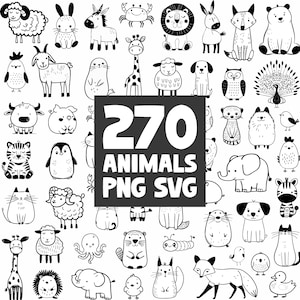 270 種類の落書き動物 - 手描きの動物 - SVG と PNG バンドル - 森のクリップアート - Cricut カッティング ファイル - 商用利用 - 即時ダウンロード