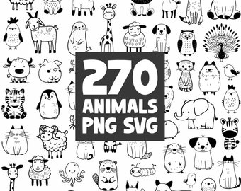 270 Doodle Animals - Animali disegnati a mano - Pacchetto SVG e PNG - Clipart Woodland - File di taglio Cricut - Uso commerciale - Download istantaneo