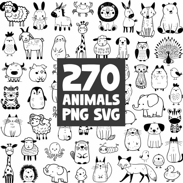 270 Doodle animaux - animaux dessinés à la main - SVG et PNG Bundle - clipart forêt - fichiers de découpe Cricut - usage commercial - téléchargement immédiat