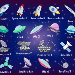 Puede incluir: Una ilustraci&oacute;n de varios objetos con tem&aacute;tica espacial sobre un fondo azul oscuro con estrellas blancas. Los objetos incluyen cohetes, ovnis, rovers lunares y sat&eacute;lites. Los objetos est&aacute;n etiquetados con sus nombres.