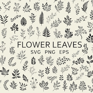 Op de afbeelding: Een verzameling van 60 zwart-wit illustraties van bloemen en bladeren. De illustraties zijn in verschillende stijlen, waaronder eenvoudige lijntekeningen en meer gedetailleerde botanische illustraties. De tekst "FLOWER LEAVES SVG PNG EPS" staat onderaan de afbeelding.
