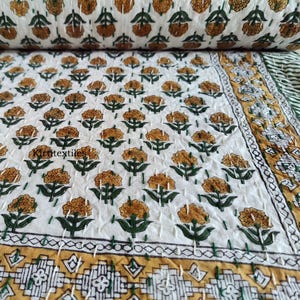 Queen Size Floral Block Print Kantha Throw, Handmade Reversible Cotton Bedspread Light Weight Quilt