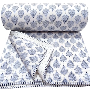 Blue Leaf Print Cotton Kantha Quilt - Handcrafted Indian Blanket, Lightweight Cotton Throw, Eco-Friendly Home Decor