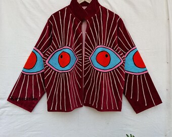 Evil Eye Velvet Embroidered Suzani Unique Bohemian All Seasons Wear Jacket, Women's Coat