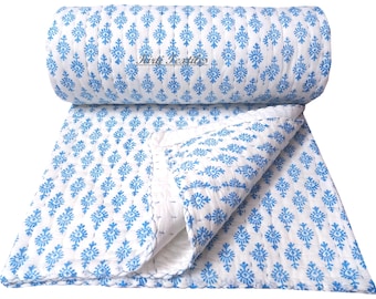 Sky Blue Buti Block Print Cotton Kantha Quilt, Reversible Bedding/Sofa Coverlet, Handmade Blanket