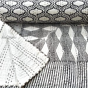 Hand Block Print Kantha Throw, Hand Stitch Reversible Cotton Bedspread, Queen Size Sofa Quilts