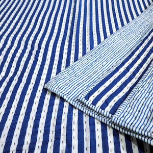 Reversible Blue Striped Block Print Quilt, Cotton Kantha Quilt, Indian Handmade Blanket/Bedding Set