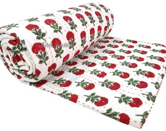 Red Floral Block Print Cotton Kantha Quilt, Indian Handmade Reversible Bedding Quilt/Sofa Blanket