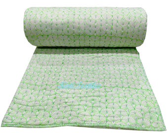 Light Green Floral Block Print Kantha Quilt, Reversible Cotton Blanket, Indian Handmade Quilts