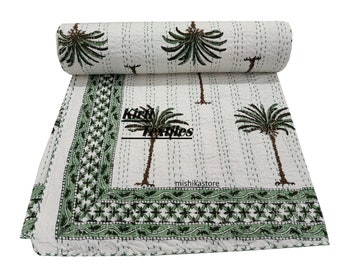 Couvre-lits kantha imprimé palmier dattier, jeté de literie en fil de coton de créateur indien, couette vintage couette kantha