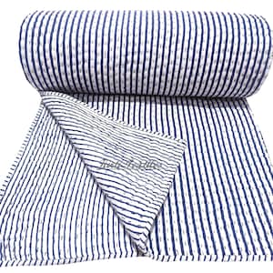 Reversible Blue Striped Block Print Quilt, Cotton Kantha Quilt, Indian Handmade Blanket/Bedding Set