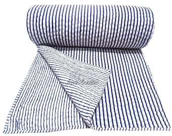 Reversible Blue Stripe Block Print Kantha Quilt, Indian Handmade Vintage Soft Cotton Blanket